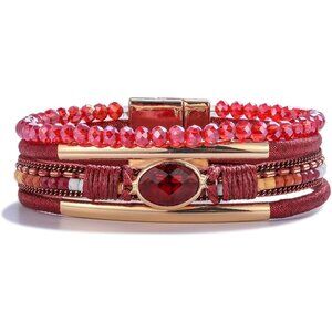 Leather Wrap Bracelets Crystal Beads Boho Cuff Stone Charm Jewelry Women